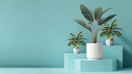 Minimal jade pastel background, triple-tier stand, palm leaves in white pot, elegant light