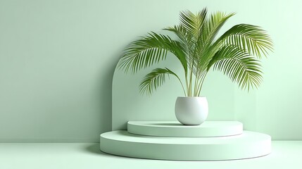 Pastel green minimalist setup, three-step round platform, palm leaves in white pot, calm modern glow
