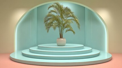 Soft jade pastel display background, circular triple podium, palm accent, smooth warm studio light