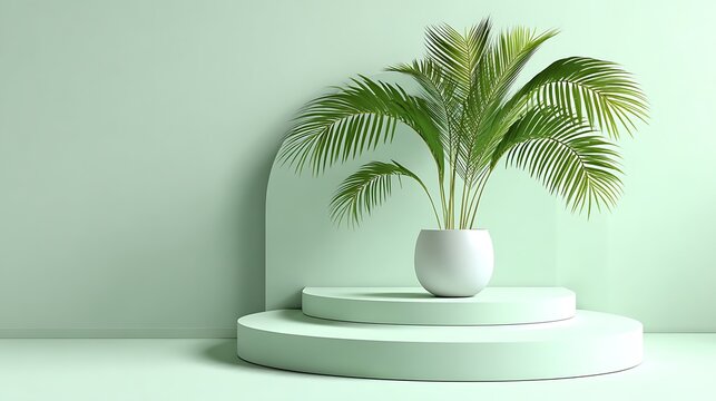 Pastel green minimalist setup, three-step round platform, palm leaves in white pot, calm modern glow - Powered by Adobe