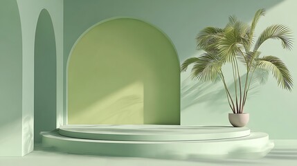 Green pastel modern minimalist scene, circular layered podium, palm on side, soft illumination