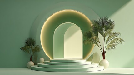Green pastel modern minimalist scene, circular layered podium, palm on side, soft illumination