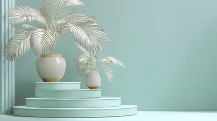 Mint pastel tone background, elegant three-tier pedestal, potted palm decor, bright smooth glow