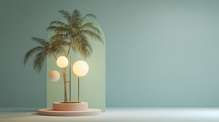 Minimal mint pastel design, triple-level stand, palm beside, balanced modern lighting