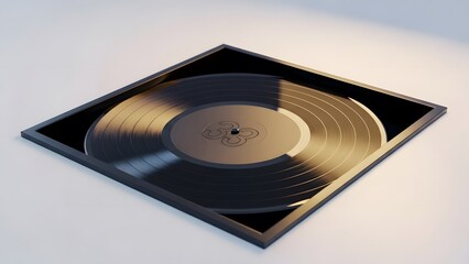 A sleek black vinyl record is stylishly showcased within a minimalist shadow box frame, creating a modern piece of music art or decor. The label clearly displays the