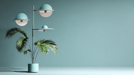 Minimal mint pastel design, triple-level stand, palm beside, balanced modern lighting