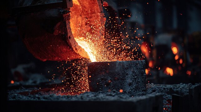 Molten Metal Pouring: Capture the raw power of industry, the image depicts a fiery stream of molten metal pouring into a mold, illuminating the workshop with an intense, warm glow.