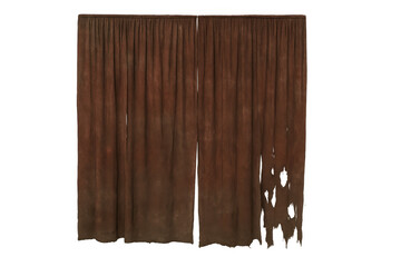 Worn-out brown-red fabric curtain with visible signs of wear and tear, isolated on a see-through background