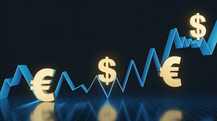 Golden Euro and Dollar symbols on an undulating blue line graph, depicting global currency exchange and financial market volatility concept with digital data analysis