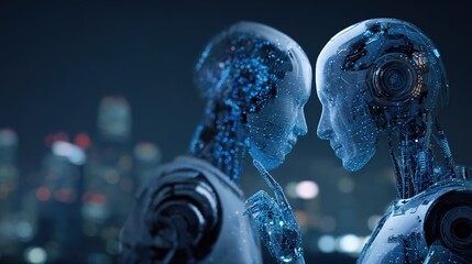Cybernetic Embrace: Two advanced humanoid robots engage in an intimate moment, their metallic visages softly illuminated against the backdrop of a futuristic cityscape.