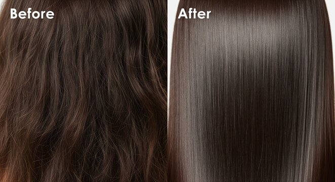 Hair Texture Before and After Treatment Comparison. Split Screen Showing Damaged Frizzy Hair vs Healthy Smooth Shiny Brown Hair. Keratin Restoration Concept.