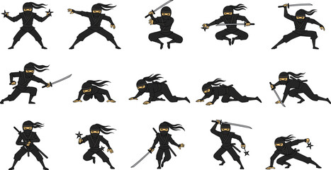 Cartoon ninjas in dynamic action poses with swords and shurikens, martial arts character set, flat vector illustration