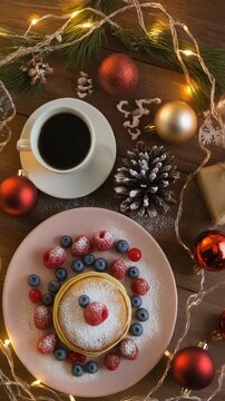 Draufsicht auf einen festlich gedeckten Fr&uuml;hst&uuml;ckstisch, auf dem Pfannkuchen mit frischen Beeren und Puderzucker angerichtet sind