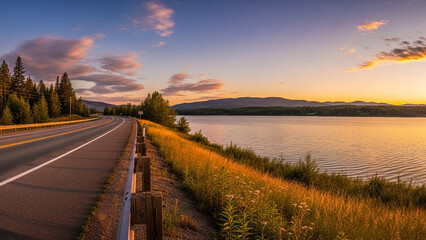 Scenic road trip at sunset with lake view and mountains for travel inspiration