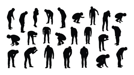 Silhouettes of people bending and squatting isolated on white background, Vector