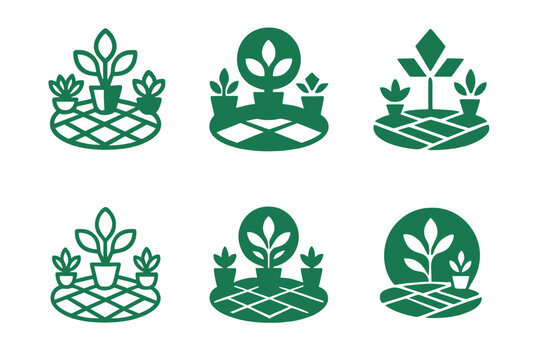 Outdoor Landscaping Logos. Outdoor landscaping design and installation. Icon set. Set Logo of outdoor landscaping design and installation: Patio with plants.