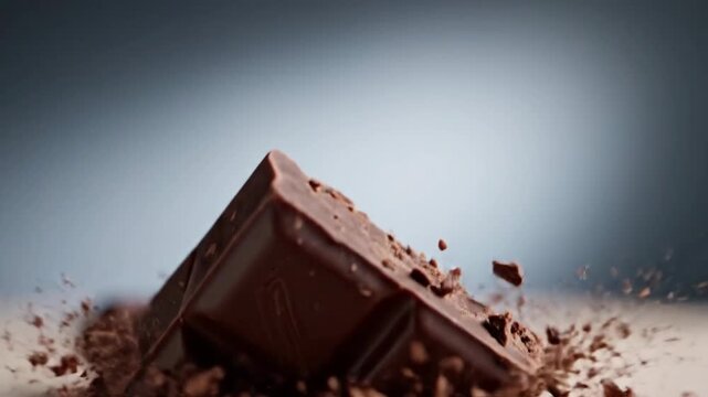 Dark chocolate bar levitating with crumbs breaking off delicious sweet snack confection macro shot studio