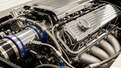 Automotive engine chrome detailed powerful car motor performance vehicle part