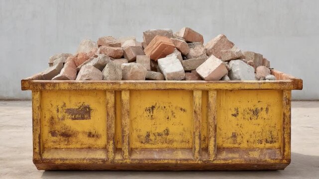 Yellow Construction Dumpster Filled with Pile of Unused Building Materials and Rocks on a Urban Construction Site  4k video footage