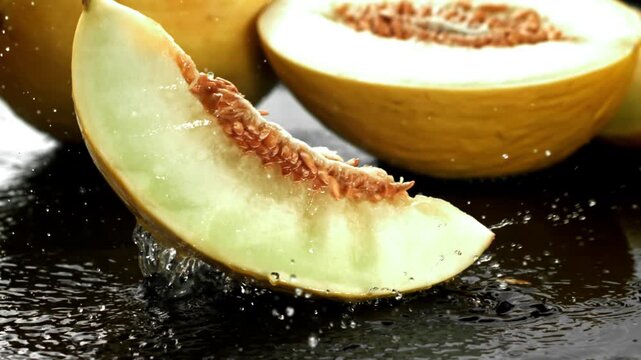 Pieces of melon fall on a wet surface. Filmed on a high-speed camera at 1000 fps. High quality FullHD footage