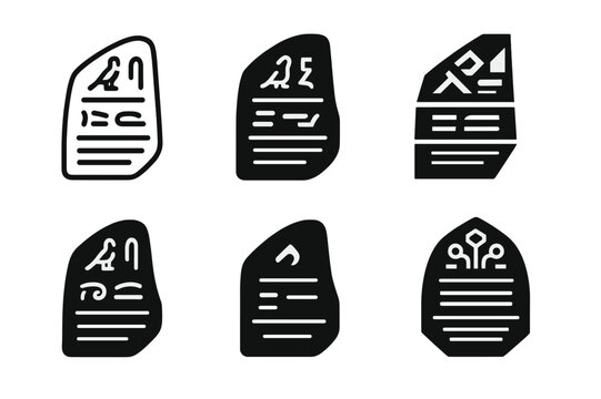 Rosetta Stone Icons. Famous archeological discoveries and their significance. Icon set. Set Logo of Rosetta Stone: the artifact with hieroglyphs, demotic, and