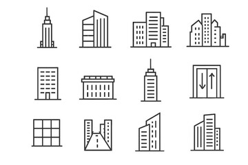 Obraz premium Skyscraper Line Icons. Skyscrapers. Line icon set of skyscrapers: tall tower, glass building, business center, office block, skyline, rooftop, antenna,