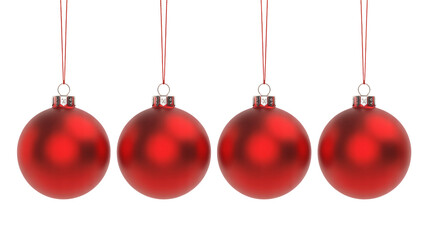 Four stunning matte red Christmas ornaments dangle against deep black background