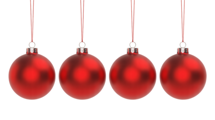 Four stunning matte red Christmas ornaments dangle against deep black background
