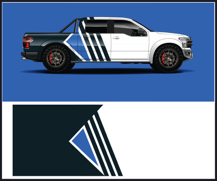 Modern truck wrap design with blue and black geometric graphics for vehicle customization