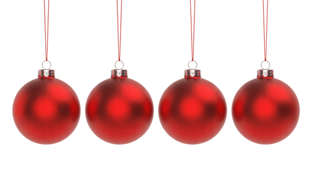 Four stunning matte red Christmas ornaments dangle against deep black background