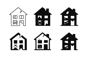 Abandoned House Logos. Dilapidated house with no sign of life. Icon set. Set Logo of abandoned home: broken roof and boarded windows. harmonious logo