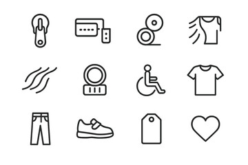 Adaptive Clothing Icons. Adaptive clothing. Line icon set of adaptive clothing: zipper pull, velcro strap, magnetic button, adjustable waistband, soft fabric,