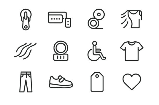 Adaptive Clothing Icons. Adaptive clothing. Line icon set of adaptive clothing: zipper pull, velcro strap, magnetic button, adjustable waistband, soft fabric,