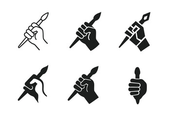 Artistic Mastery Logos. Mastering a craft or artistic skill. Icon set. Set Logo of artistic mastery: hand holding a paintbrush. harmonious logo variations of