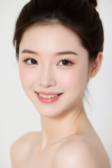Obraz premium Female Asian Model with Short Hair - Young Beautiful Woman with Hair Bun - Studio Portrait of Asian Beauty for Fashion, Cosmetic, Skincare - Posing on White Background - Smooth Tied Hair