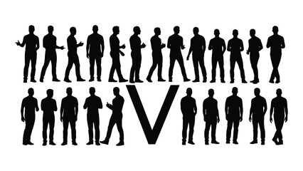 Collection of diverse male silhouettes with v letter isolated on white background, Vector