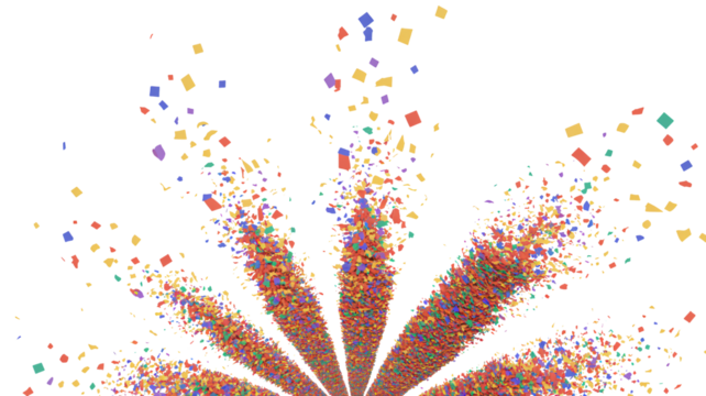Explosion of vibrant confetti streams upward against a deep black background