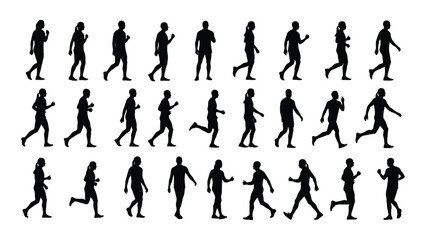 Fototapeta premium Running and walking people silhouettes isolated on white background, Vector