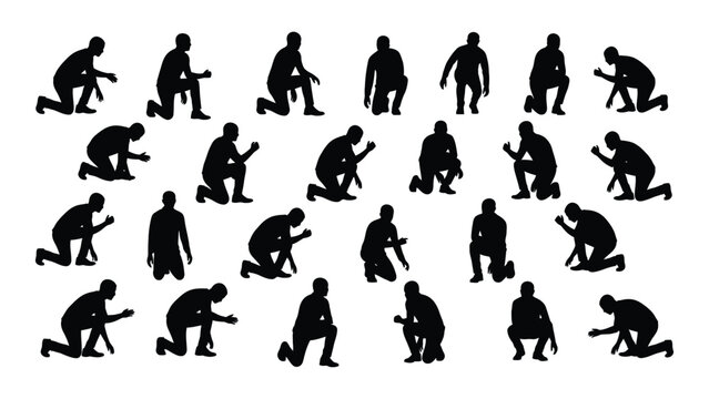 Kneeling and crouching people silhouettes isolated on white background, Vector