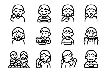 Fototapeta premium Children Eating Icons. Children eating. Line icon set of children eating: spoon in mouth, food smile, snack in hand, sticky face, open lunchbox, sitting kid,