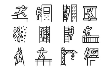 Fototapeta premium Urban Climbing Icons. Urban climbing. Line icon set of urban climbing: rooftop jump, fire escape climb, skyscraper ascent, window ledge, wall climb, scaffold