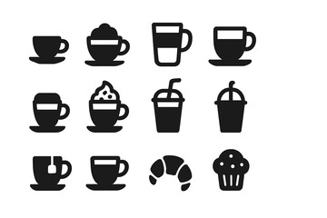 Fototapeta premium Coffee Shop Icons. Coffee shop menu. Solid icon set of coffee shop menu: espresso, cappuccino, latte, americano, macchiato, mocha, iced coffee, frappe, tea