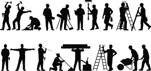 Obraz premium Construction worker silhouette set featuring diverse tasks, tools, and poses for labor, industry, and educational design themes.