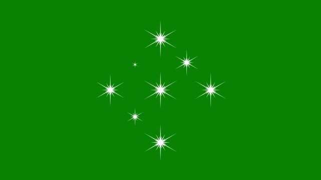 sparkling stars animation, white cartoon blinking stars, Twinkle light stars sparkling, glowing light trails, flat vector doodle sparkle, 2D shining twinkle effect on green screen background. 4k