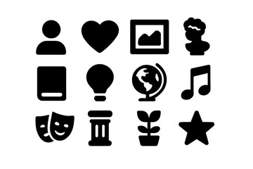 Cultural Icons Grid. Cultural appreciation. Solid icon set of cultural appreciation: person, heart, frame, sculpture, book, light bulb, globe, music note,