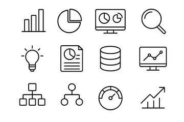 Data Decision Icons. Data-Driven Decision Making. Line icon set of Data-Driven Decision Making: bar chart, pie chart, data dashboard, magnifying glass on