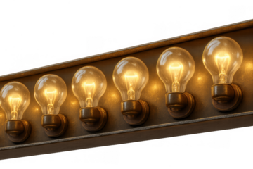 Row of glowing vintage incandescent light bulbs showcasing idea and energy, isolated with a transparent background