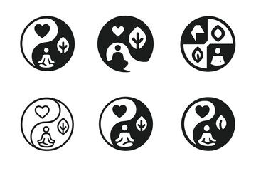 Obraz premium Wellness Logo Variations. Personalized wellness plans. Icon set. Set Logo of personalized wellness plans: Yin-yang with wellness symbols. harmonious logo