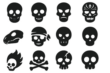 Fototapeta premium Diverse Skull Icons. Skull collection. Solid icon set of skull collection: realistic skull, cartoon skull, gothic skull, tribal skull, animal skull, pirate
