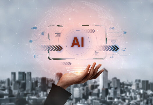 Concept of advanced Artificial Intelligence technology. A futuristic heads-up display shows the core system processing data, representing machine learning and complex analysis. Fermion - Powered by Adobe
